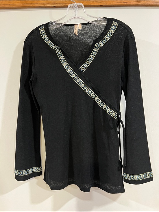 Susan Lawrence Tops - Susan Lawrence - Faux Black Wrap Top with Blue-Green Embroidered Trim, small